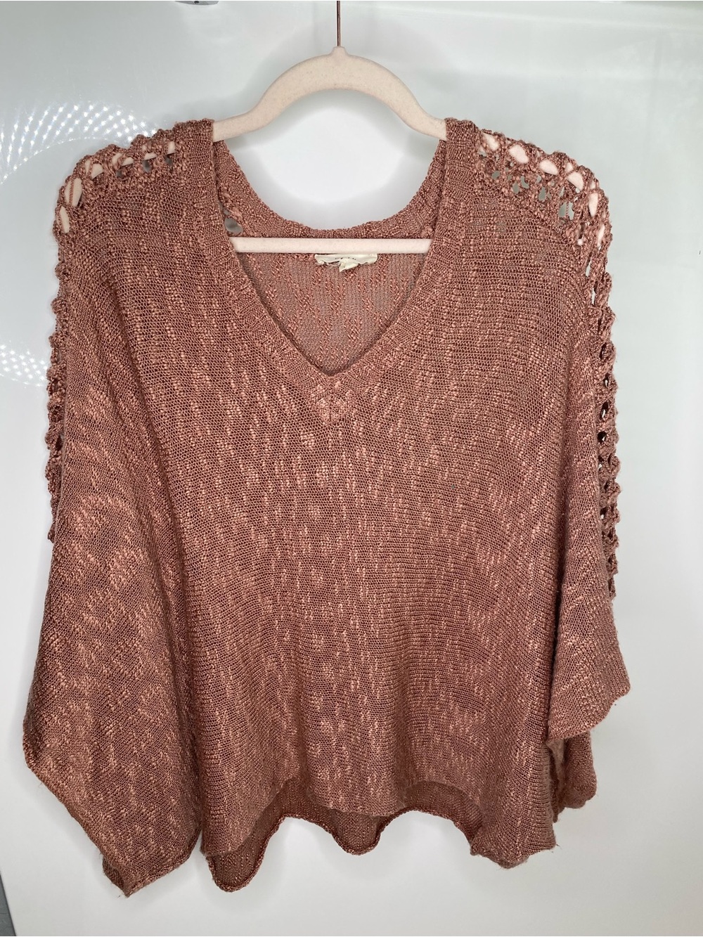 Lightweight V-Neck Open-Stitch Sweater Poncho - Rose Tan